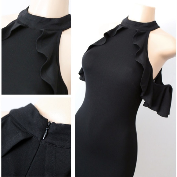 Black Mock Neck Ruffle Cold Shoulder Bodycon Dress - Picture 5 of 8